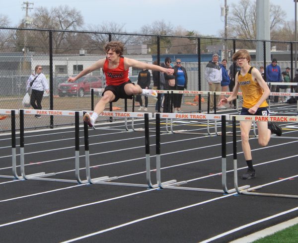 Senior Jonah Kaufman participates in the 110 Meter Hurdle dash April 22. Kaufman ran a 20.15 and finished 11th.