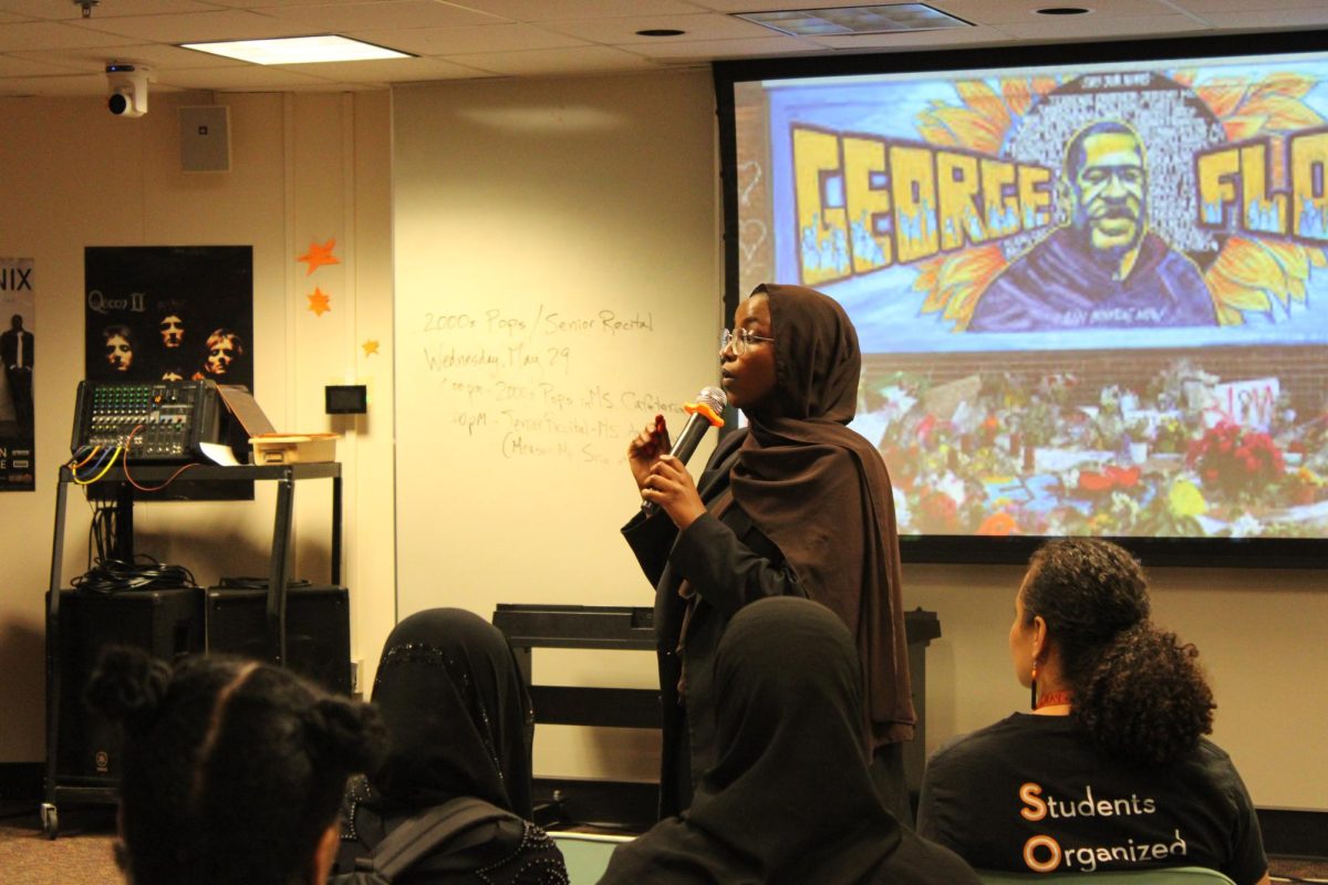 Park Mayor Nadia Mohamed delivers a speech to students May 23. The memorial for George Floyd was held in C350.