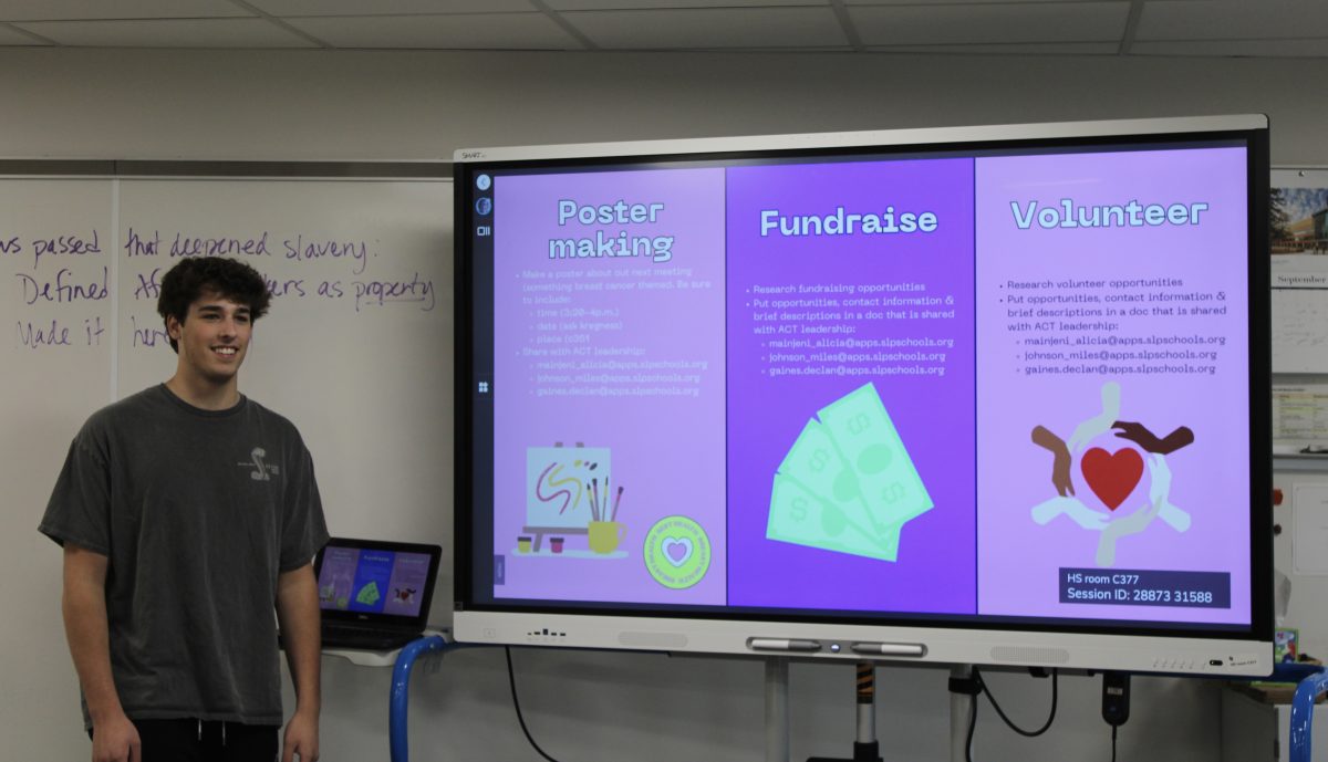 Declan Gaines presents a slideshow during an ACT meeting to promote breast cancer awareness Sept. 26. ACT works its hardest to bring change to Park and holds meetings most Thursdays in room C377.