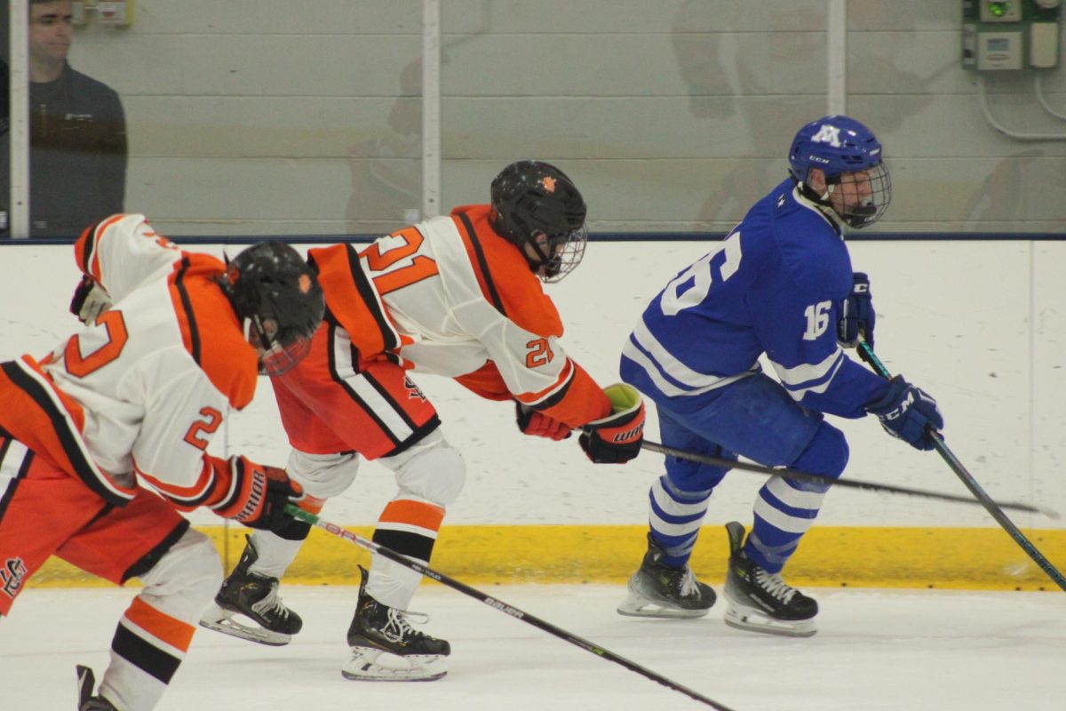 Junior Marty Hirte reaches to steal the puck from a Minnetonka player Dec. 19. Park loses 3-2 to the Skippers.