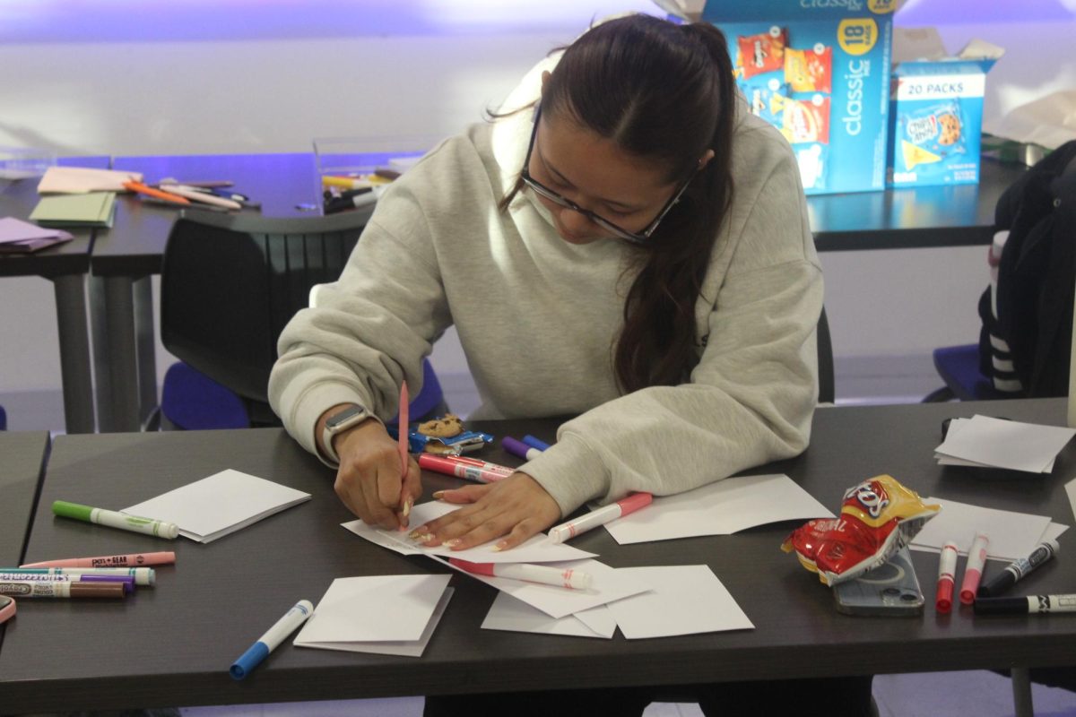 Junior Dolma Gyaltso writes letters to nursing homes in Health Occupation Students of America (HOSA) Jan. 7. HOSA is a club that focuses on expanding students' knowledge in the medical field and meets after school every Wednesday.
