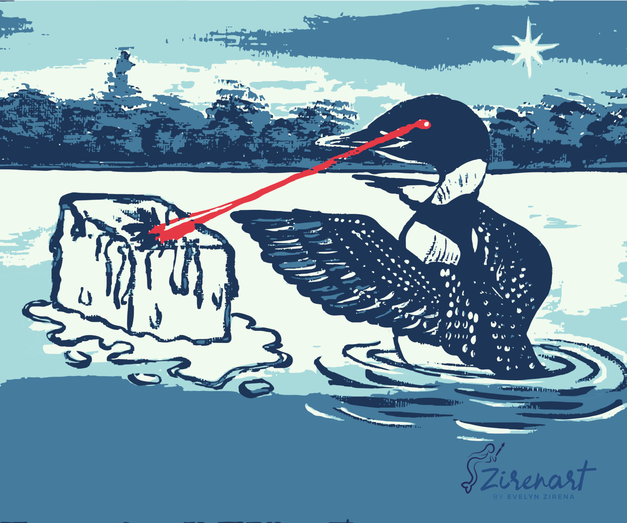 This image was planned to be put on t-shirts produced by The STORiole. In the end, the t-shirts were never sent to customers because administration blocked The STORiole from producing them.
Image Minnesota Loon Laser Eyes © 2026 Evelyn Gabriela Reátegui Zirena. Used with permission. https://www.etsy.com/shop/Zirenart