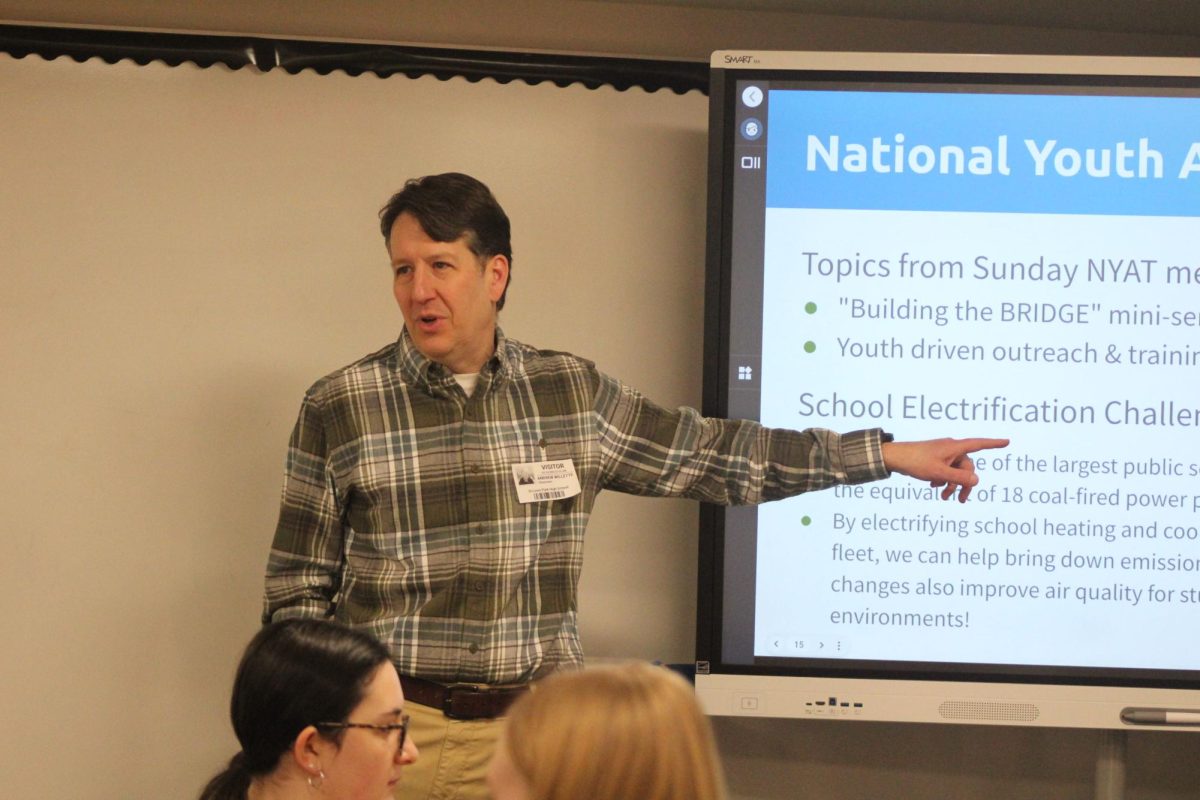 Guest speaker Andy Willette from the Citizens’ Climate Lobby speaks to Park’s Environmental Club Feb. 10. The club strives to learn about how to become more eco-friendly as a school and individually.