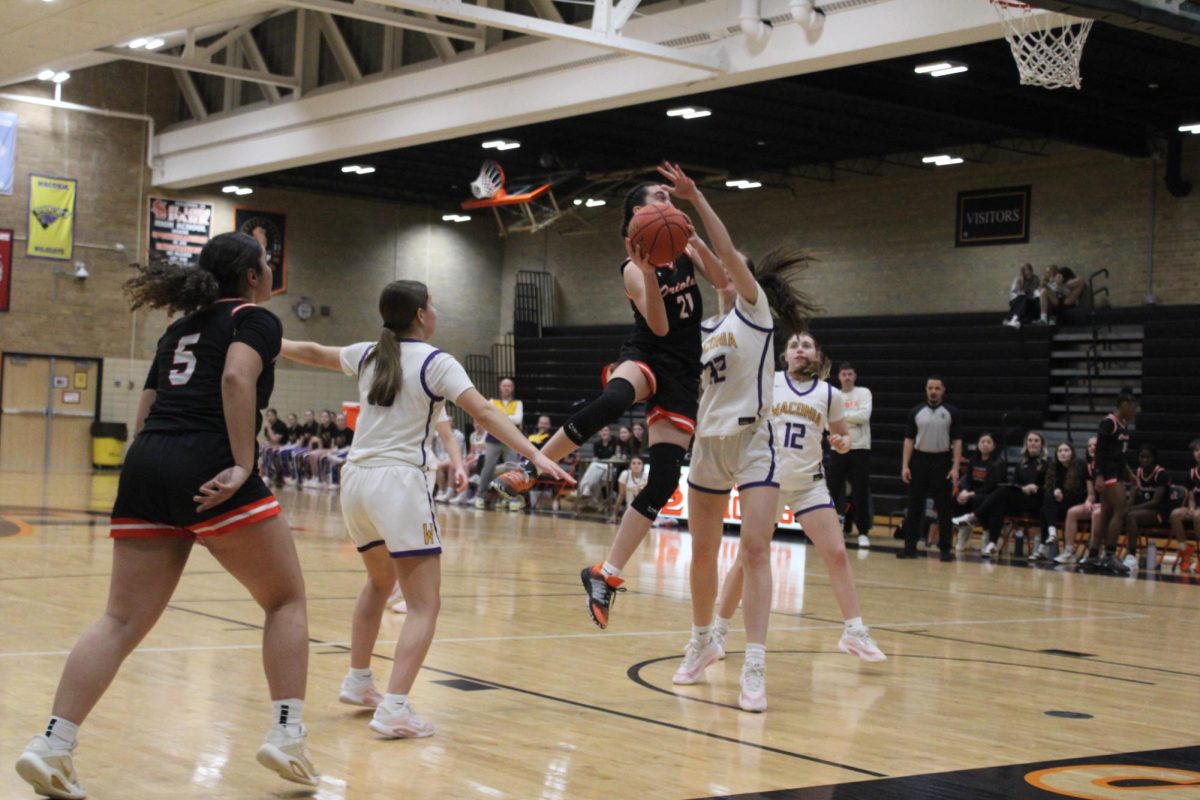 Freshman Ella Ludwig goes up for a layup over Waconia defender Feb. 12. The Wildcats defeated the Orioles with a final score of 89-49.