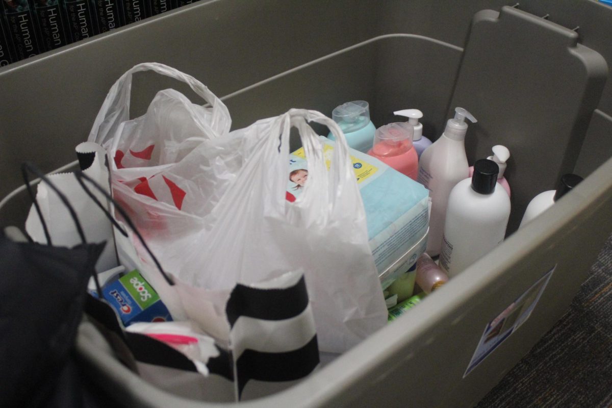 Hygiene products donated by students pile up as part of Park’s Girls United’s hygiene drive to support local non-profit People Serving People Jan. 26. The drive ran through Jan. 29. and the donations are going to help individuals and families experiencing homelessness. 