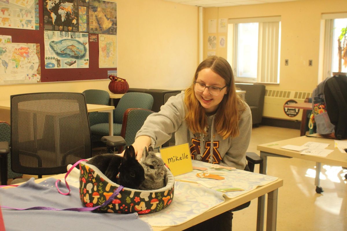 Natural Helpers co-president Susannah Israel smiles while petting two bunnies April 10. Therapy bunnies help reduce stress and create a peaceful environment.