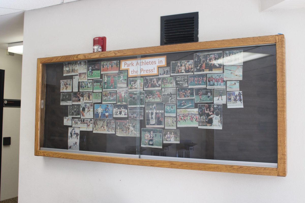 Board outside of the athletic office shows Park students' athletic accomplishments. Many Park students show intelligence through their athletic endeavors.