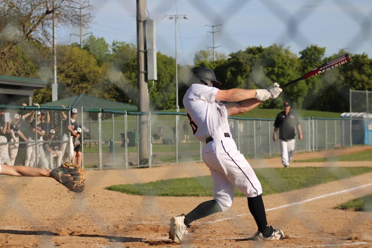 Senior Dominic Barth takes a swing at the ball at Keller Field May 11. Park Orioles beat the New Prague Trojans 6-3.